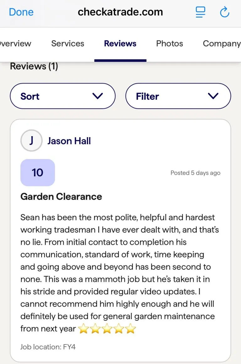 Archived Checkatrade review by Jason Hall, Garden Clearance, score 10, job location FY4. Full review transcribed alongside.